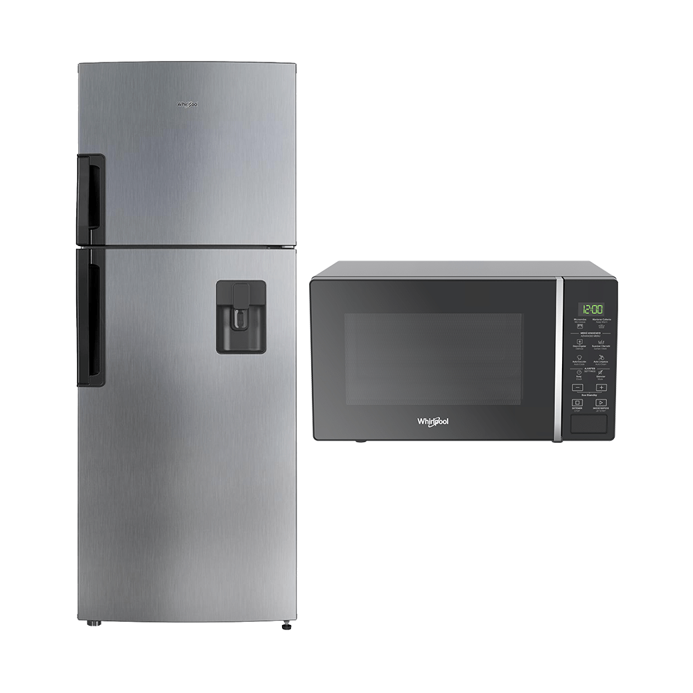 Combo Nevera WHIRLPOOL No Frost Congelador Superior 435 Litros y Microondas Whirlpool 20lt Negro