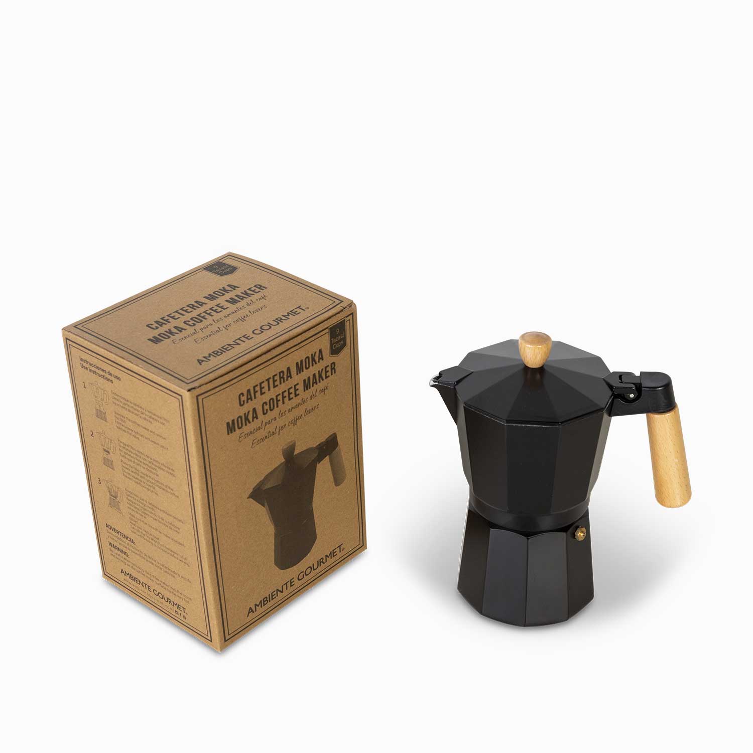 Cafetera moka 9 tazas negra mango en madera