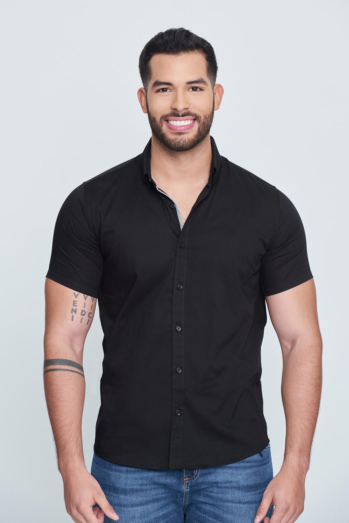 Camisa Slim Manga Corta Color Negro Para Hombre
