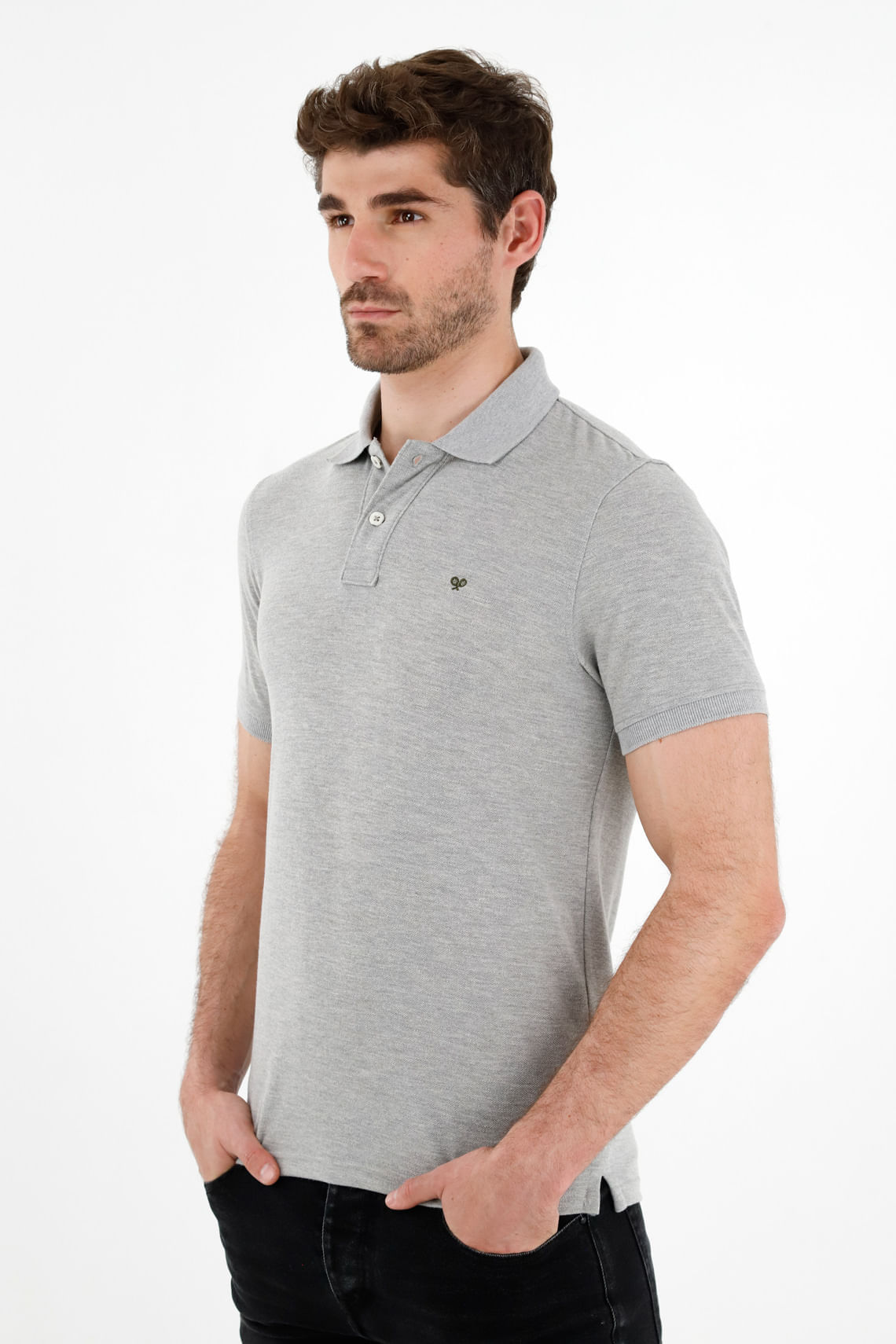 Polo gris con raqueta multicolor para hombre