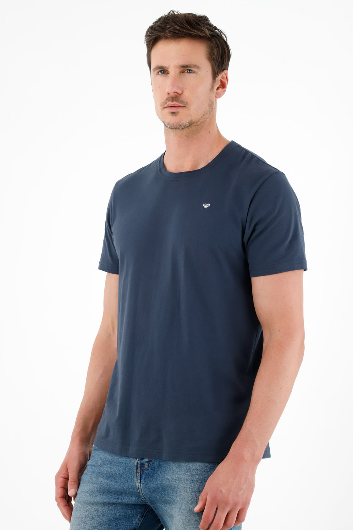 Camiseta azul con raqueta bordada blanca para hombre