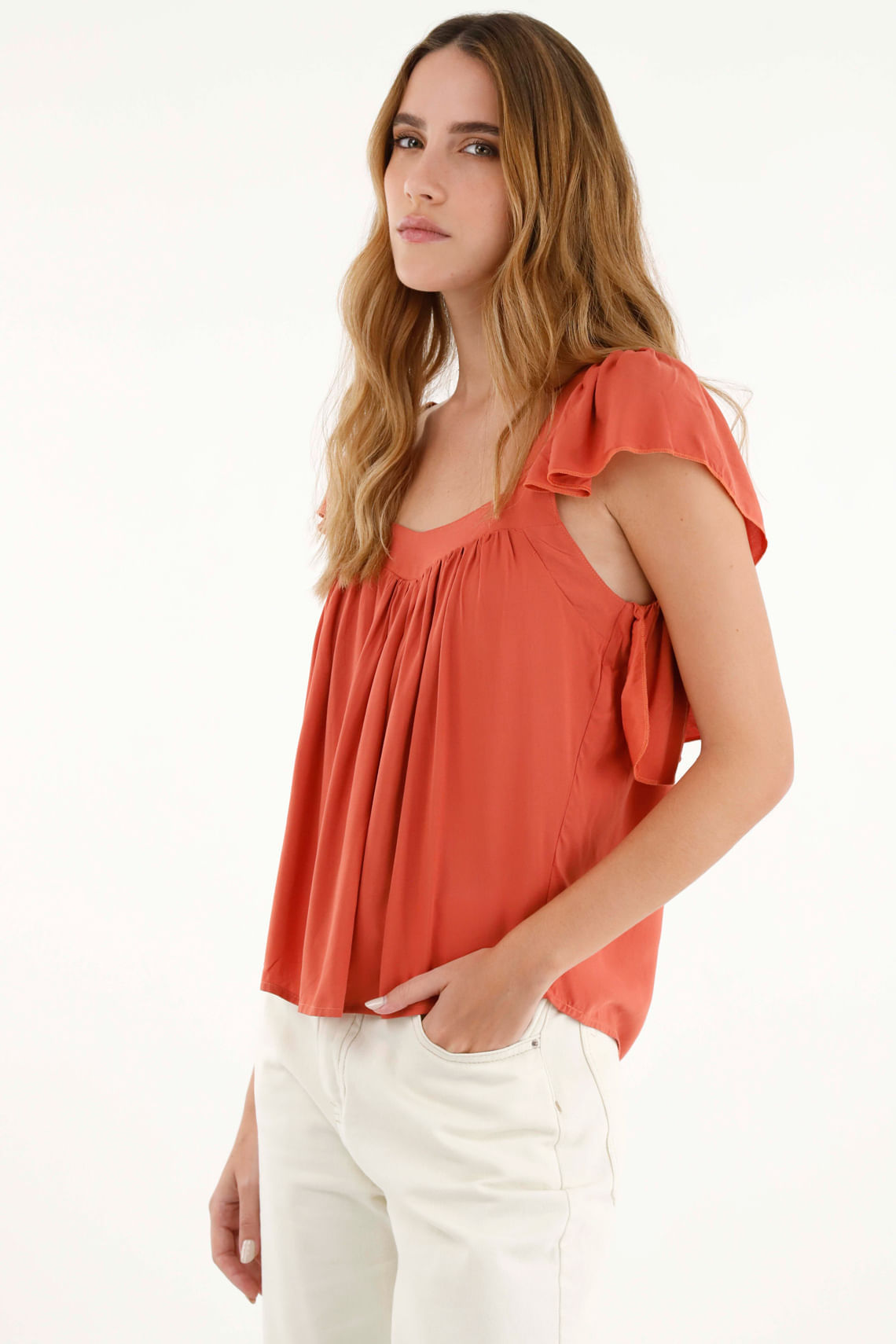 Camisa naranja de escote recto en chalis para mujer