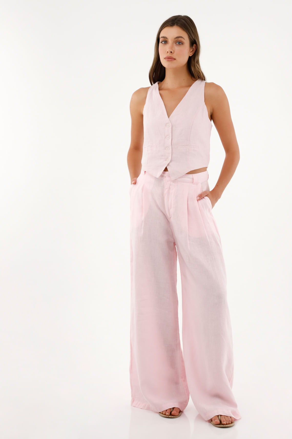 Pantalón rosado en 100% lino para mujer