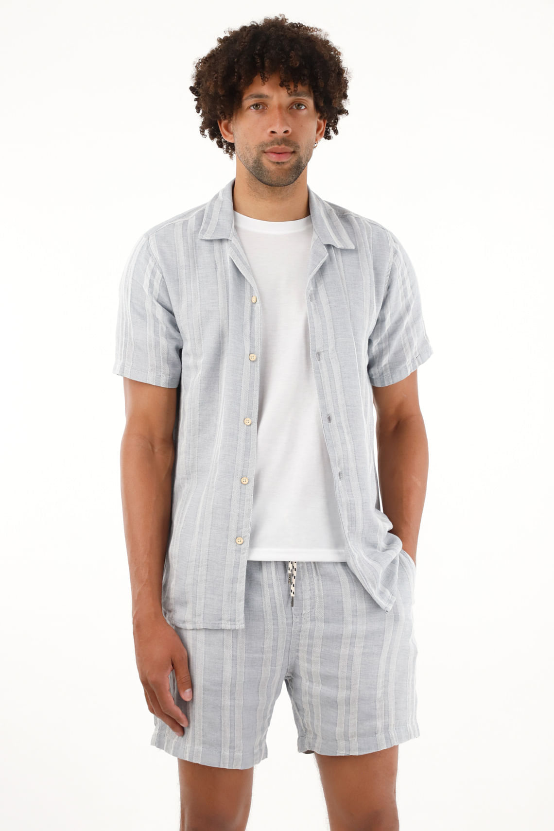 Camisa azul tipo bowling a rayas para hombre
