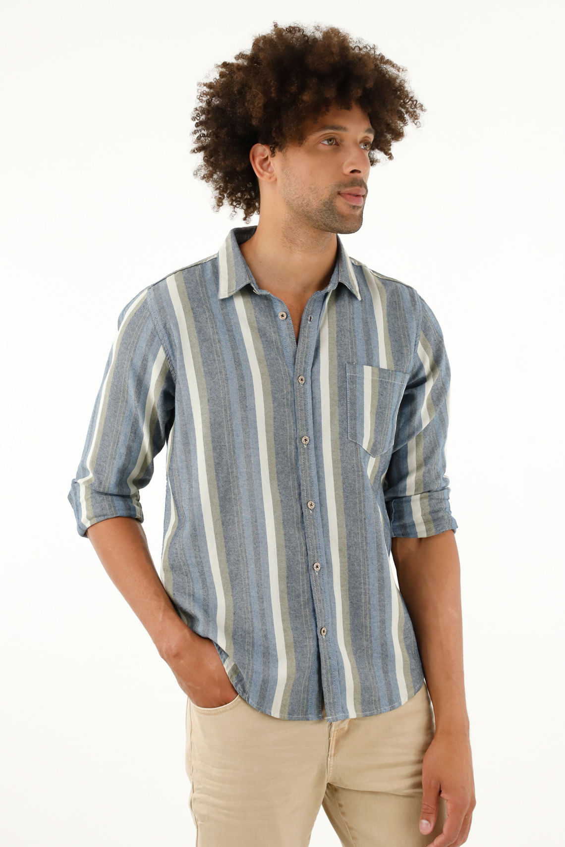 Camisa manga larga a rayas de color para hombre