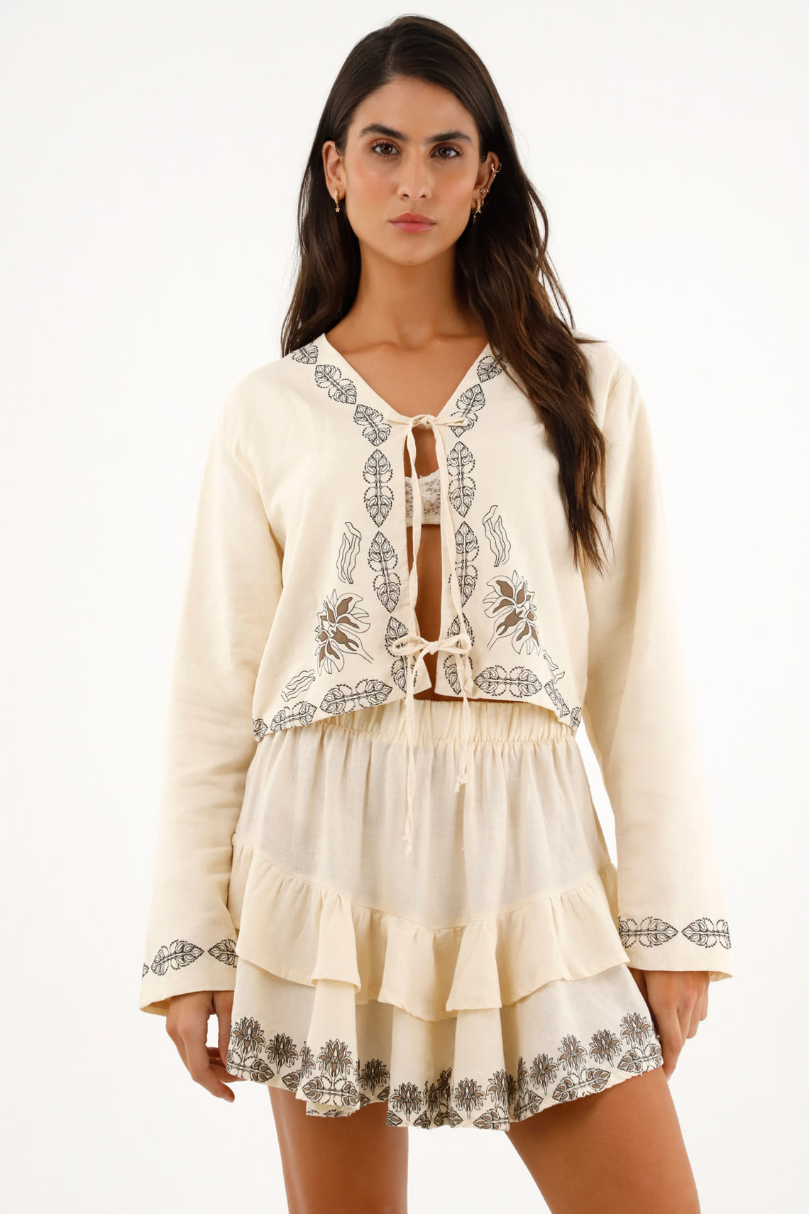 Abrigo con ajuste de tiras y estampado para mujer