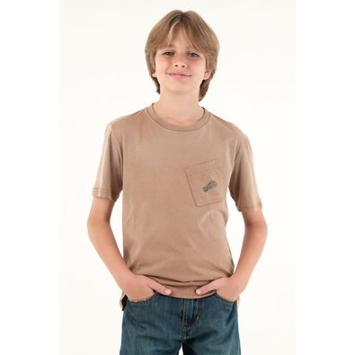 Camiseta café con bolsillo y estampado de moto para niño