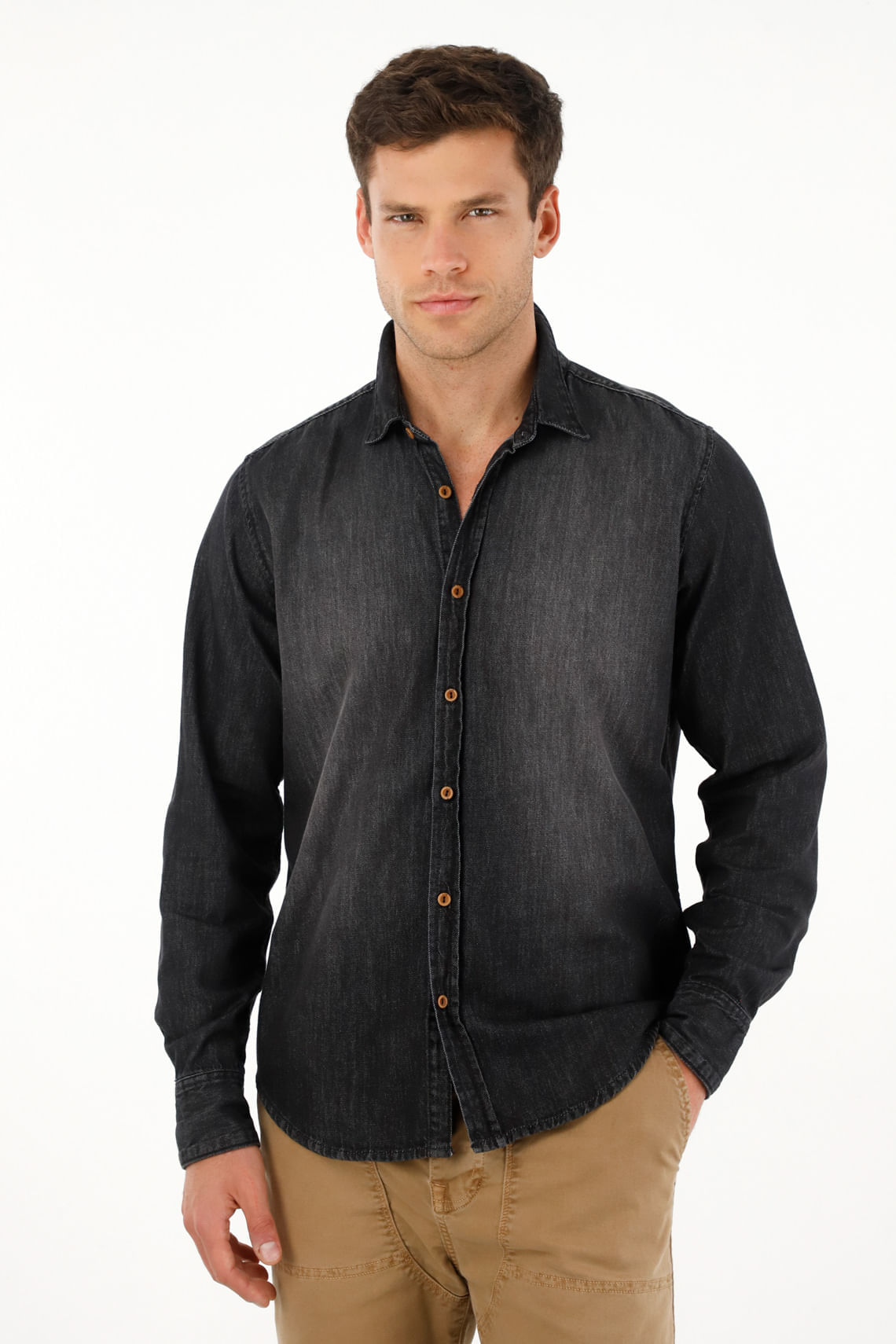 Camisa en black denim manga larga para hombre