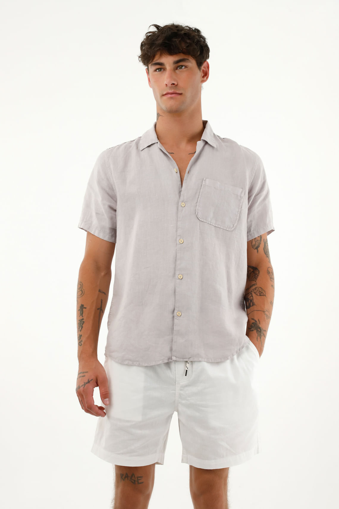 Camisa gris manga corta en 100% lino para hombre