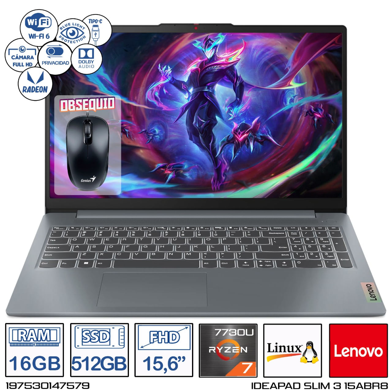 Computador Portátil Lenovo AMD Ryzen 7-7730U Ram 16GB - 512GB 15,6 Pulgadas