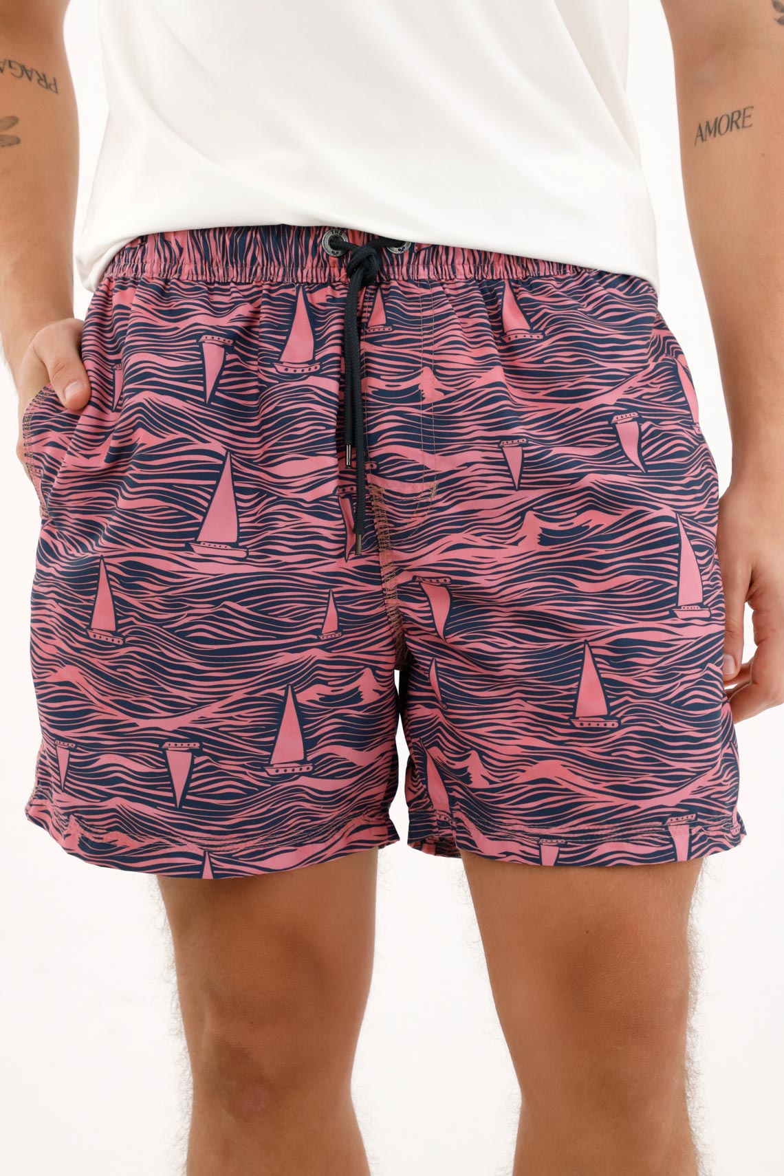 Pantaloneta de baño rosada con estampado de veleros para hombre