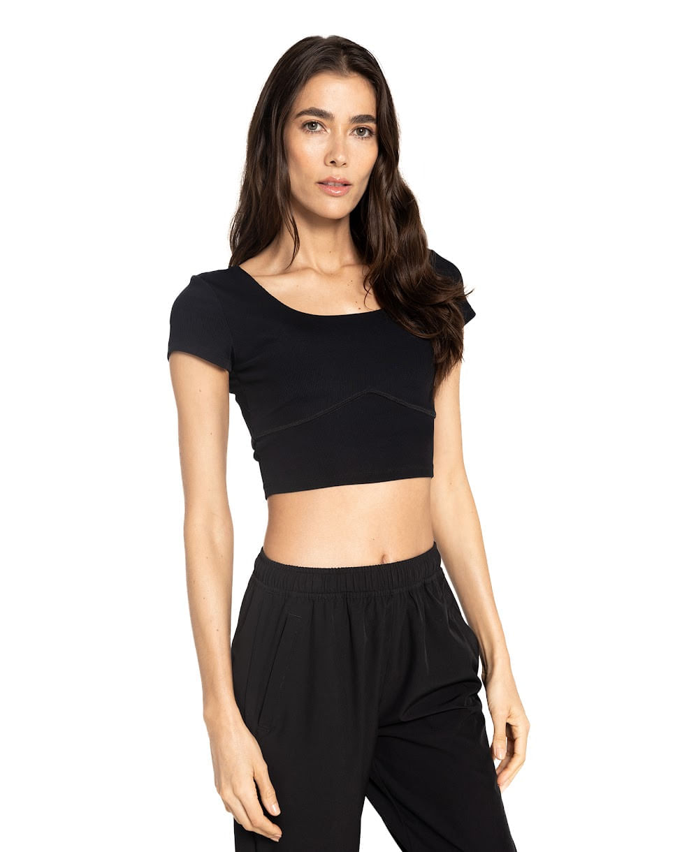 Crop Top negro Manga Corta, Para Mujer