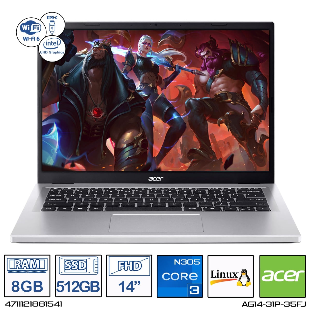 Computador Portatil Acer GO 14 AG-14-31P-35FJ Intel Core i3-n305 Ram 8GB - 512GB FHD