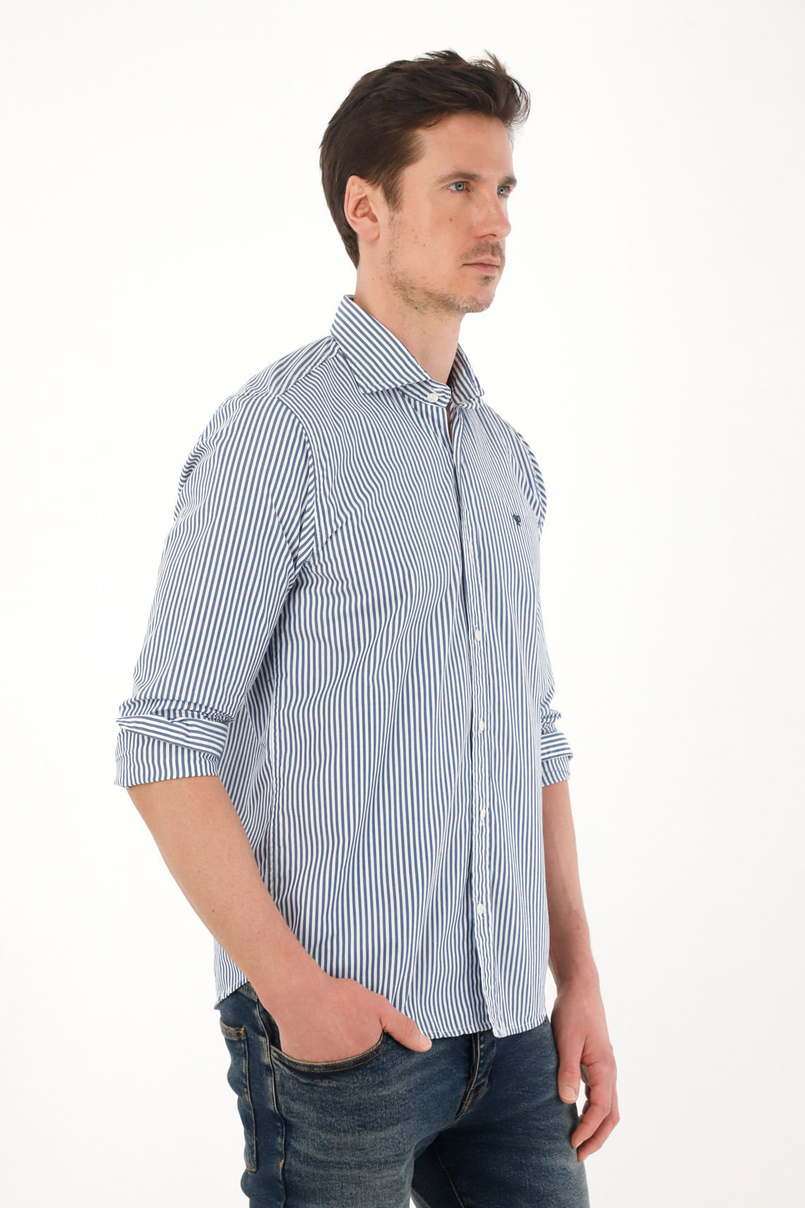 Camisa azul manga larga con diseño a rayas para hombre