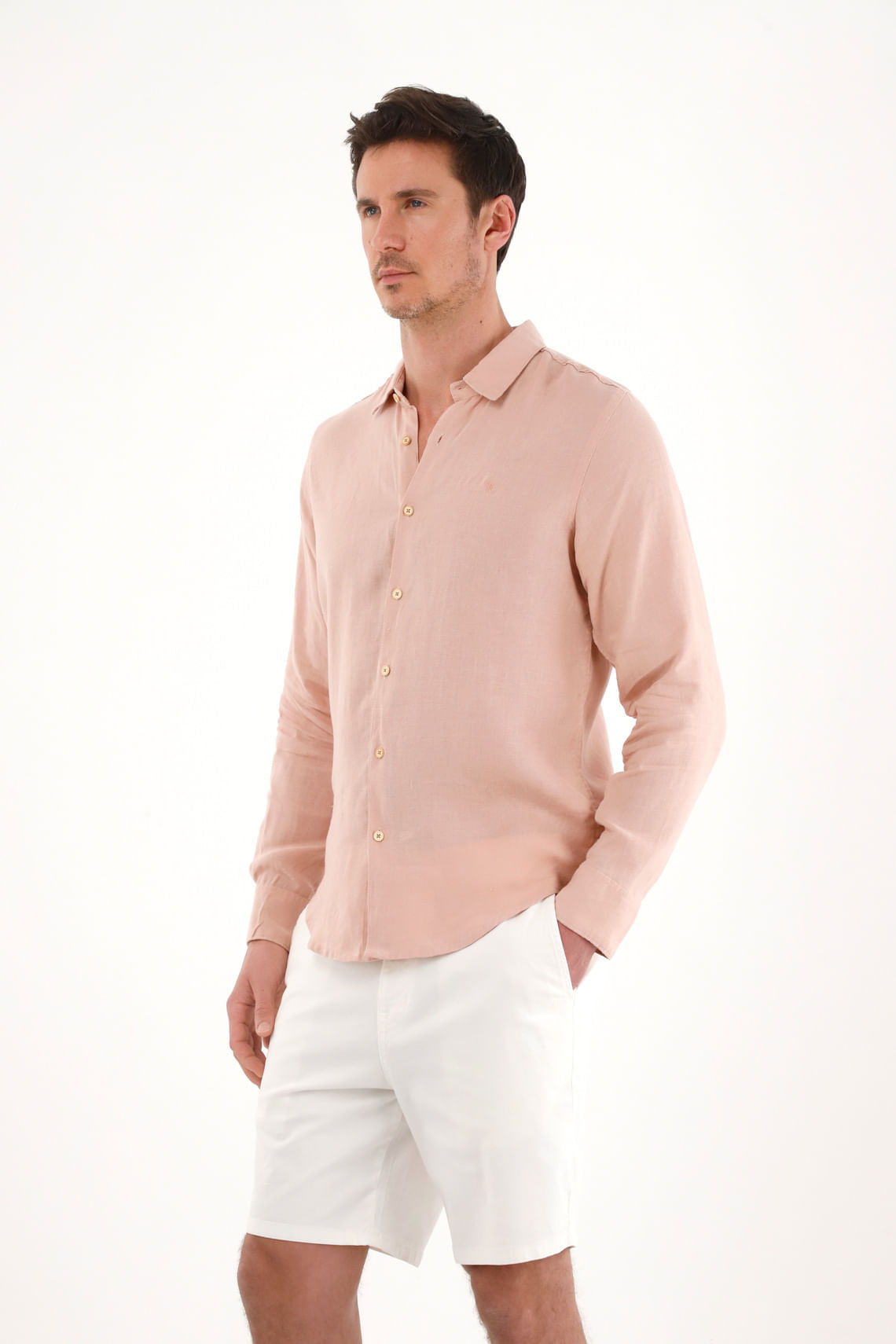 Camisa en 100% lino con bordado rosada para hombre