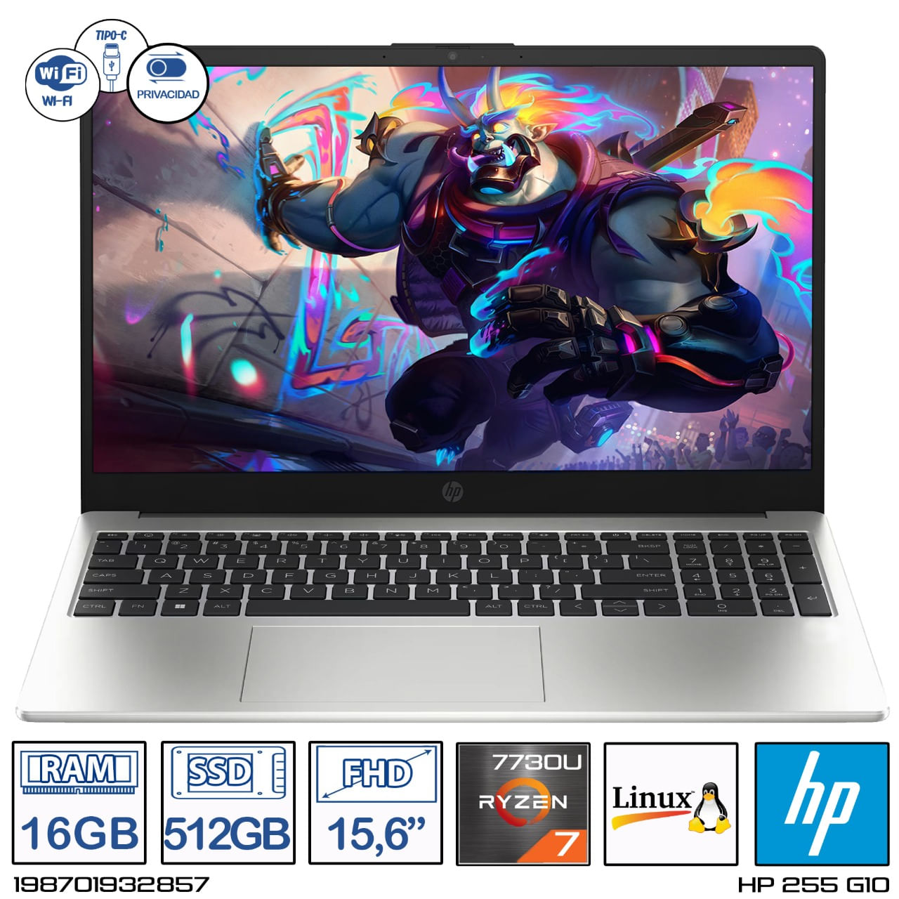 Computador Portatil Hp 255 G10 AMD Ryzen 7-7730U  Ram 16GB 512GB 15,6 FHD
