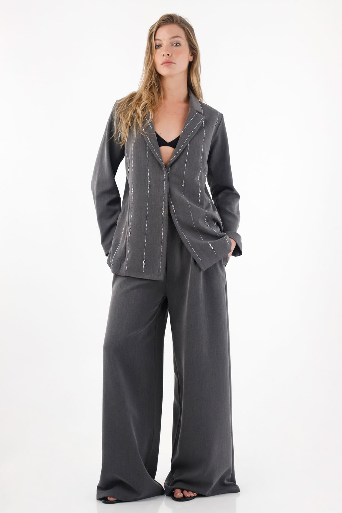 Abrigo tipo blazer con apliques de brillo gris para mujer