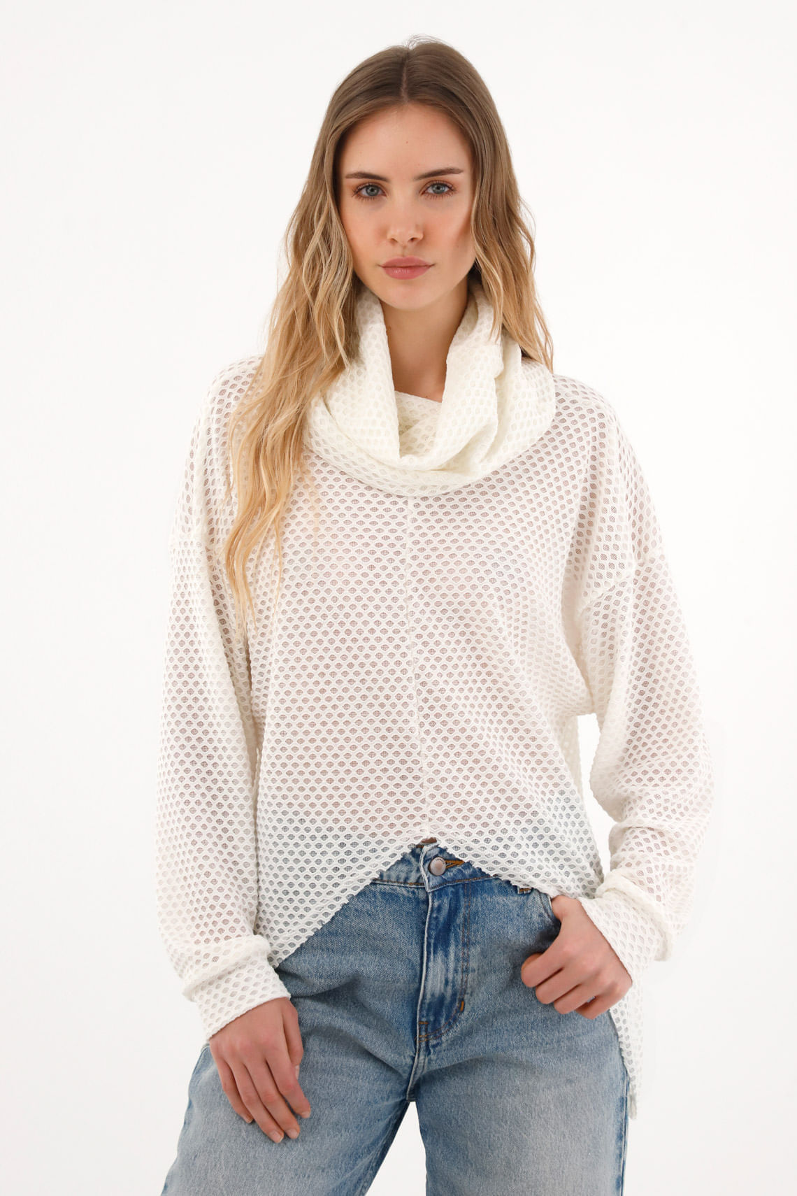 Buzo cuello tortuga efecto tejido crudo para mujer