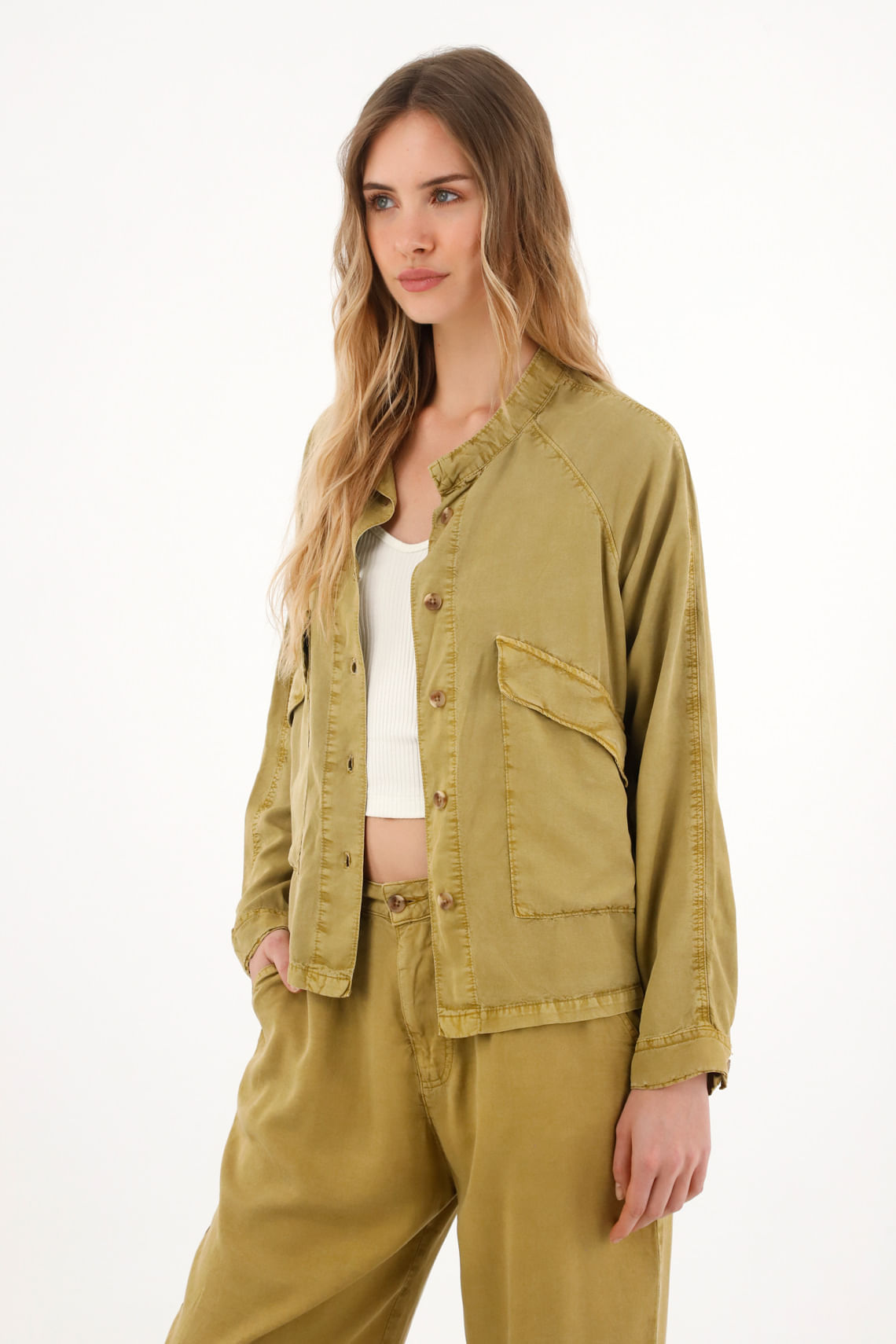 Abrigo cuello neru con stone verde para mujer