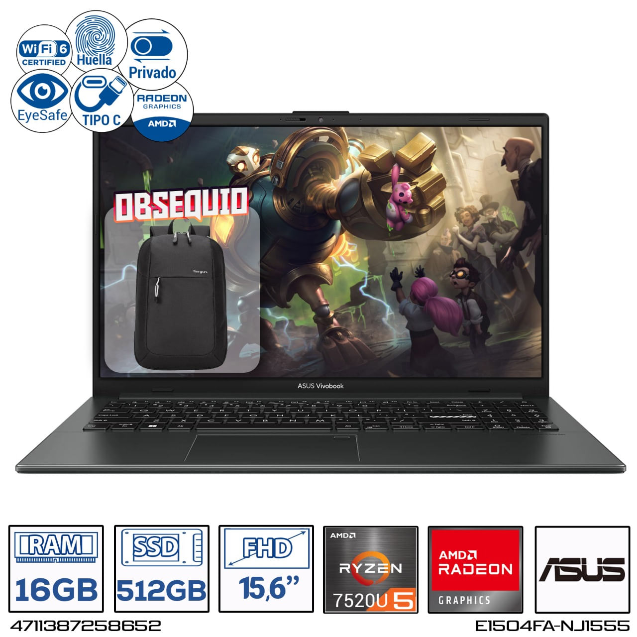 Computador Portátil Asus E1504F AMD Ryzen 5-7520U Ram 16GB - 512GB FHD 15 BOLSO
