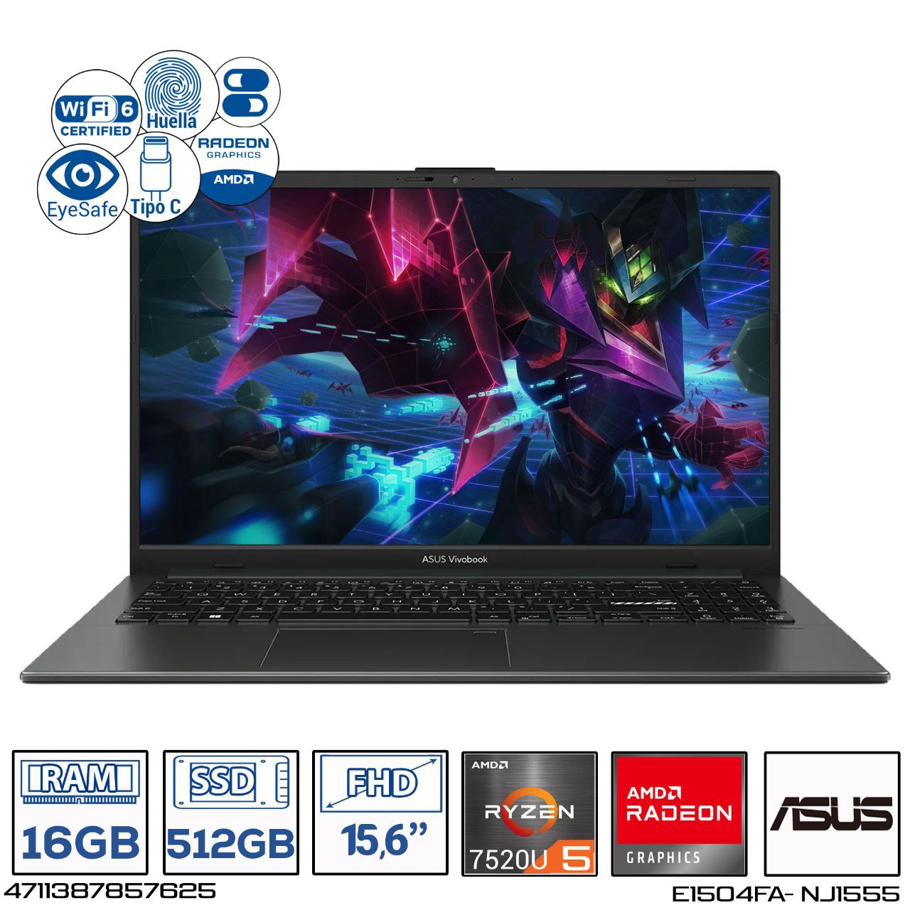 Computador Portatil Asus E1504F AMD Ryzen 5-7520U Ram 16GB - 512GB FHD