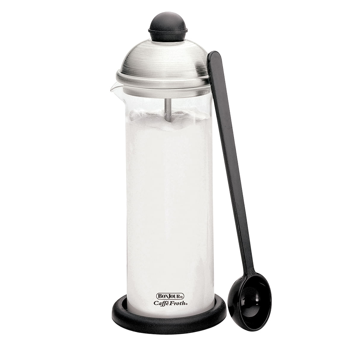 Juego de espumador de leche manual en acero inoxidable, vaso de vidrio borosilicato y cuchara, 16 onzas/ 0.47L. BonJour.