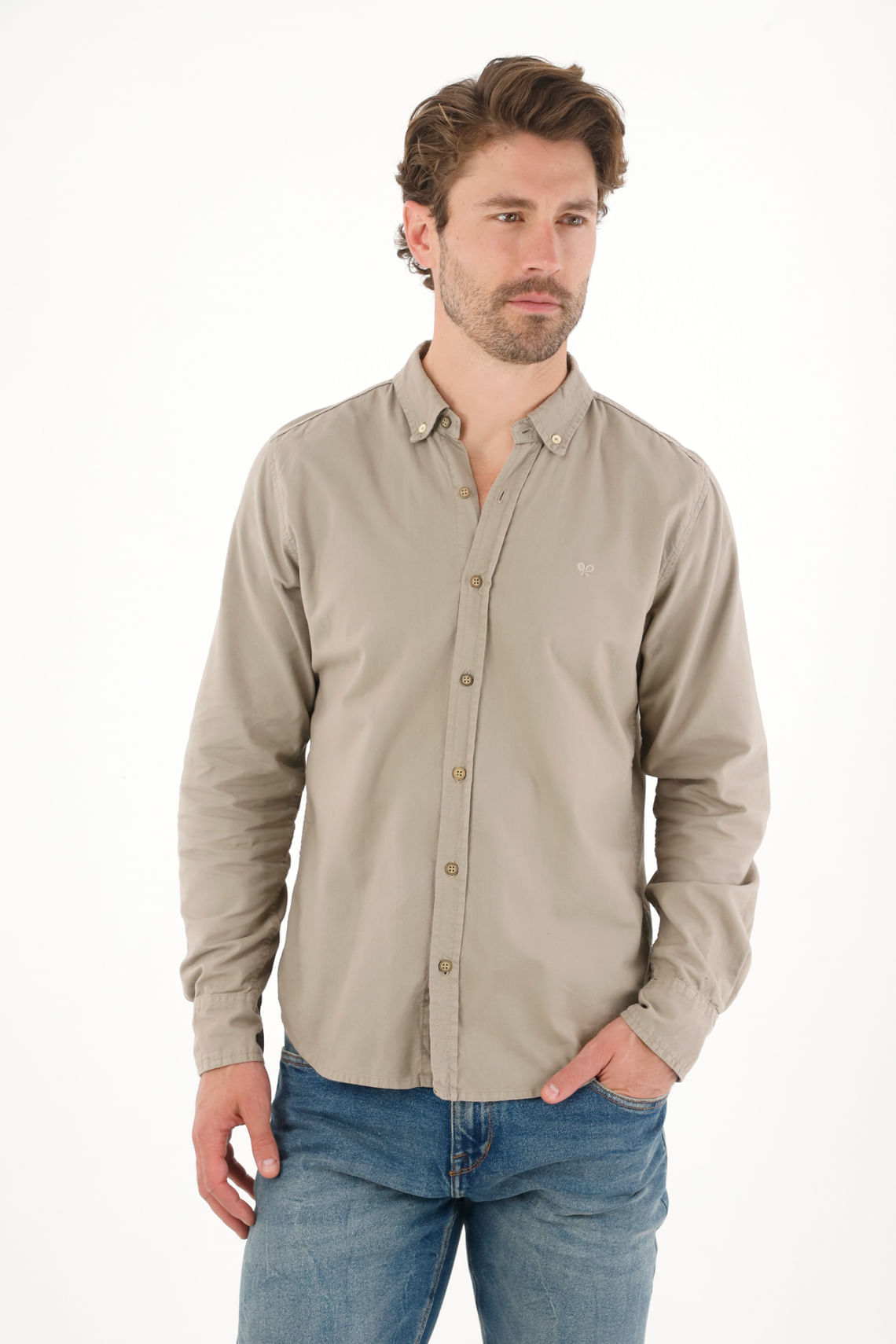 Camisa manga larga con raqueta bordada gris para hombre