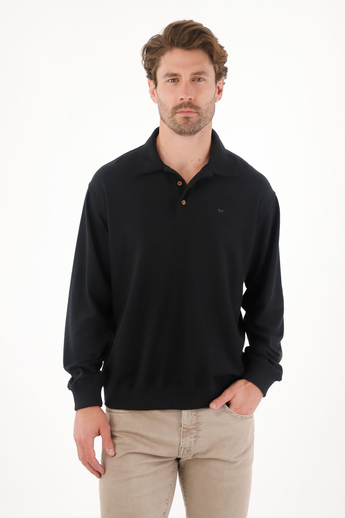 Buzo tipo polo con raqueta bordada negro para hombre