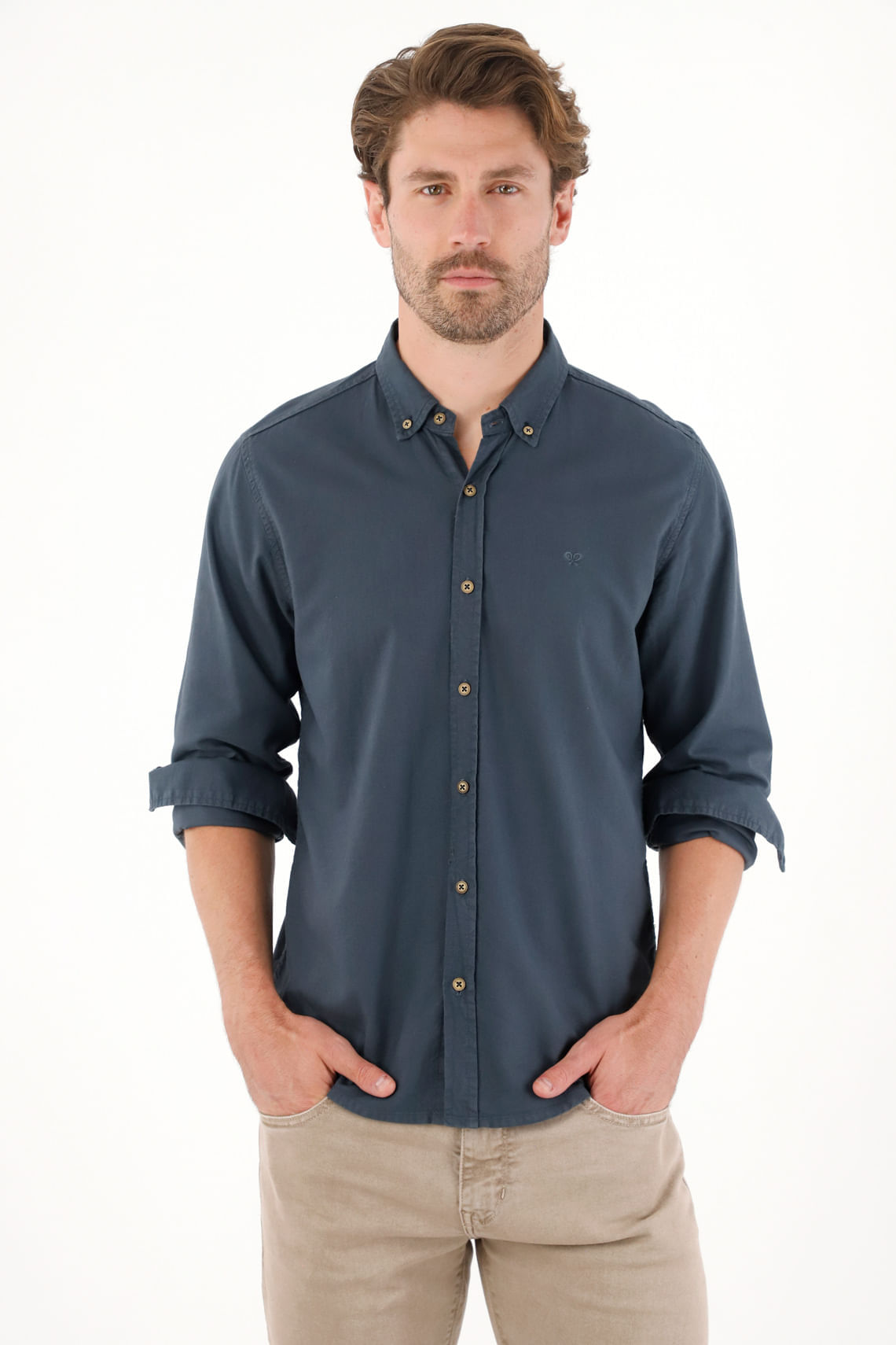 Camisa manga larga con raqueta bordada azul para hombre