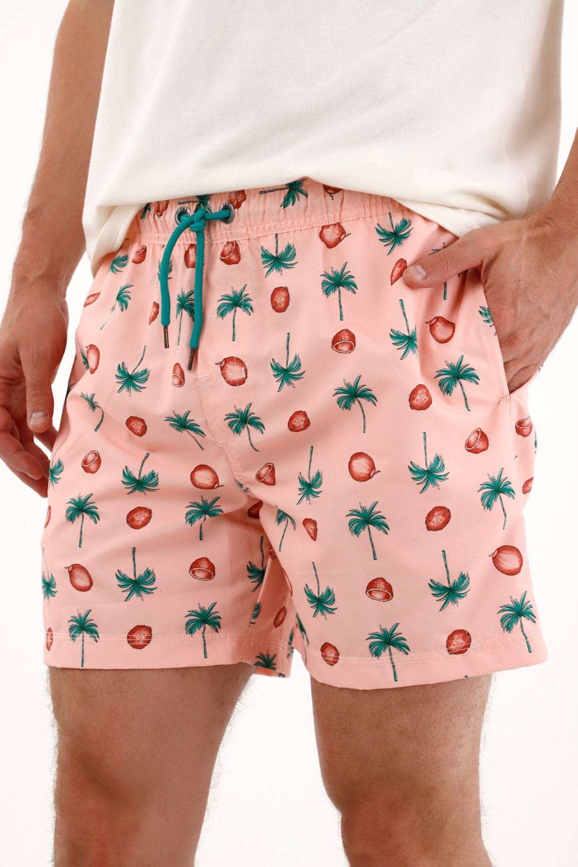 Pantaloneta de baño con estampado de palmeras y cocos para hombre