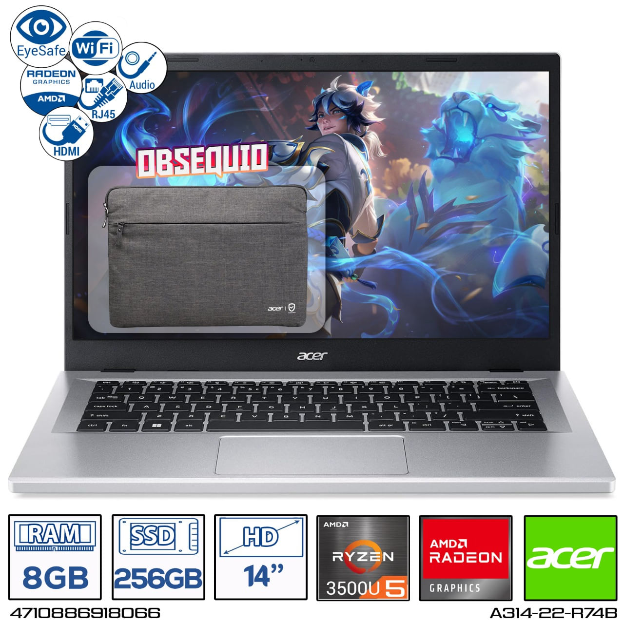 Computador Portatil Acer A314-22-R74B AMD Ryzen 5-3500U Ram 8GB - 256GB 14 HD