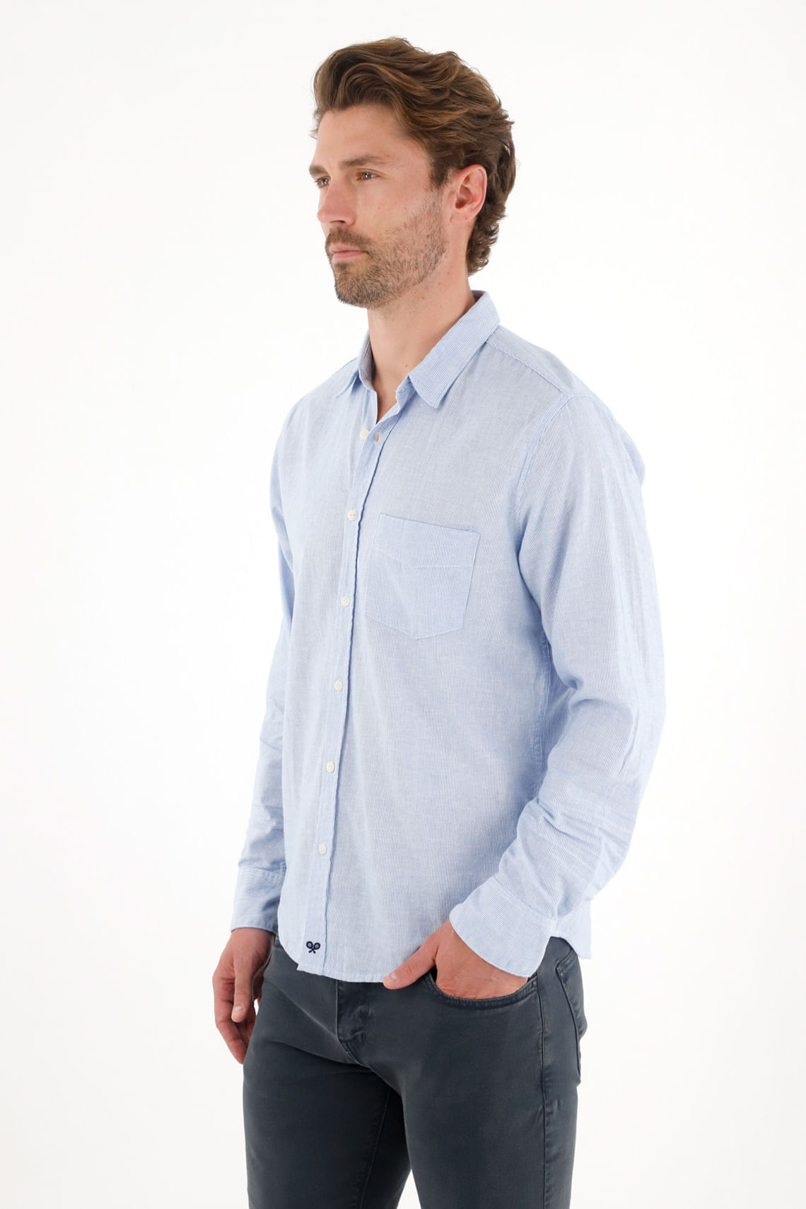 Camisa manga larga preteñida azul para hombre