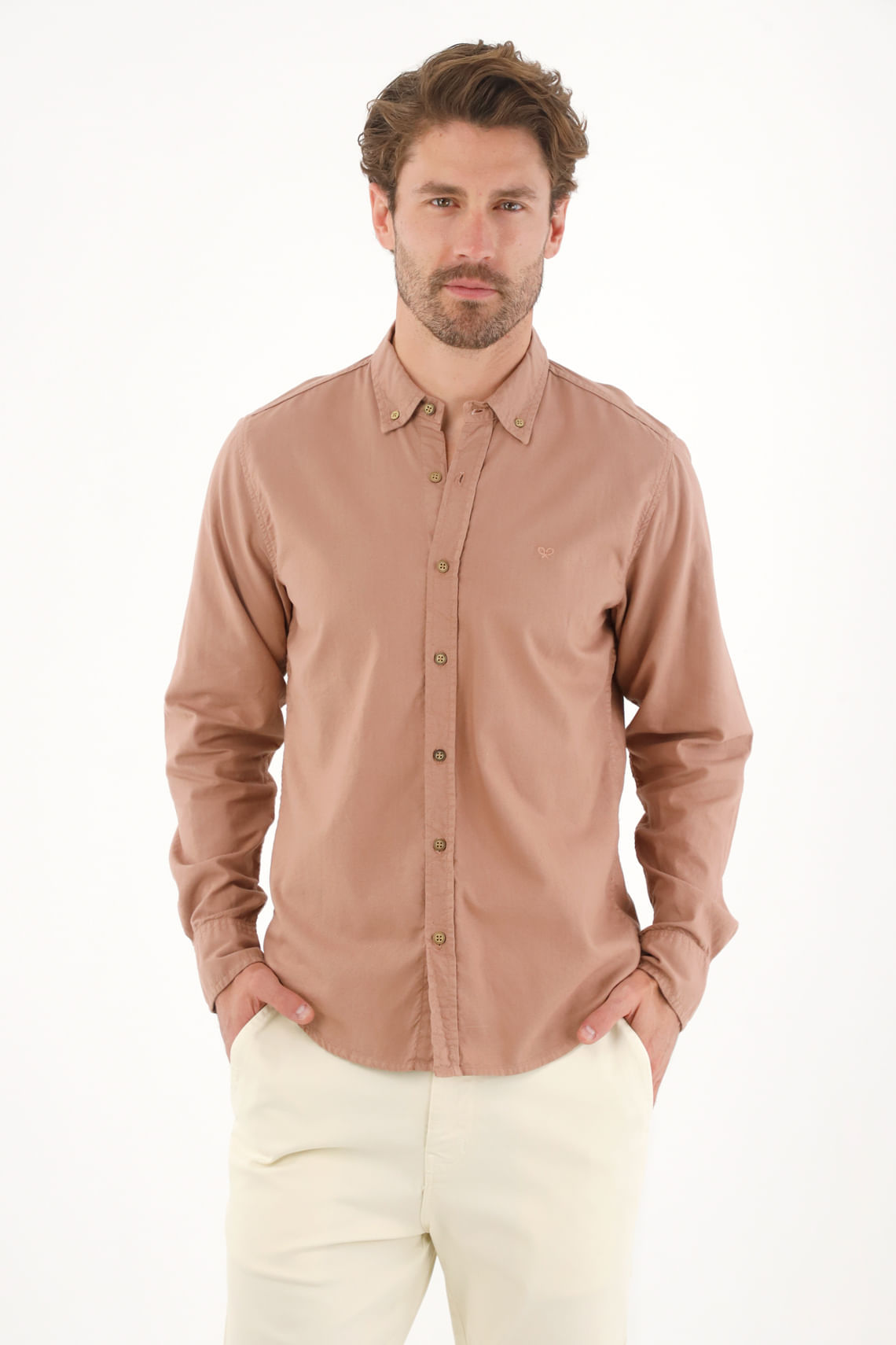Camisa manga larga con raqueta bordada rosada para hombre