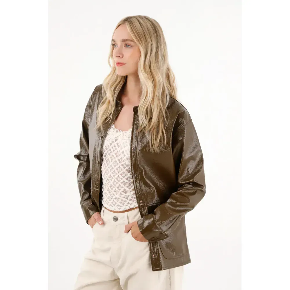 Chaqueta en cuero sintético larga para mujer