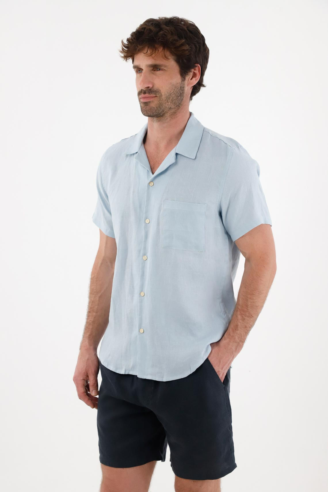 Camisa tipo bowling en lino azul para hombre