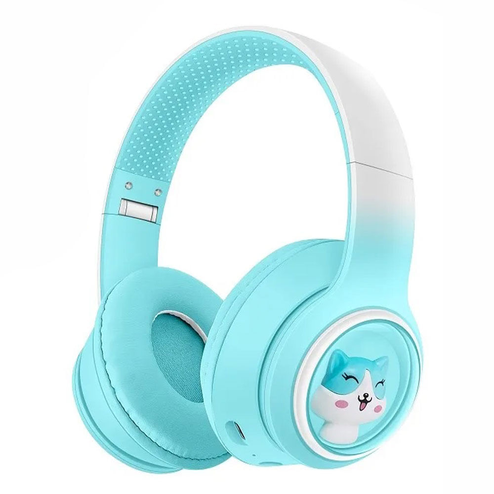 Audifonos Diadema Bluetooth Figura Gatito Ajustable Musica Azul