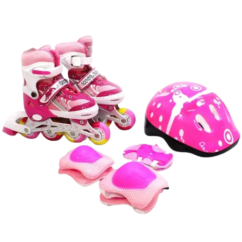 Kit Patines Linea 4 Ruedas Talla S M Ajustable Niños Fucsia