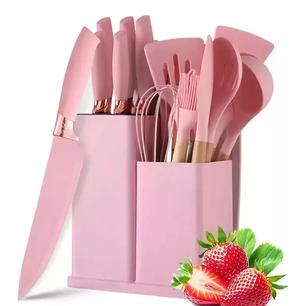 Set Utensilios Cocina Silicona Cuchillos Tabla Picar Resistente Rosa