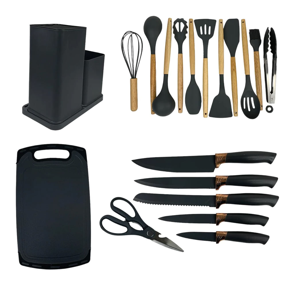 Set Utensilios Cocina Silicona Cuchillos Tabla Picar Resistente Negro