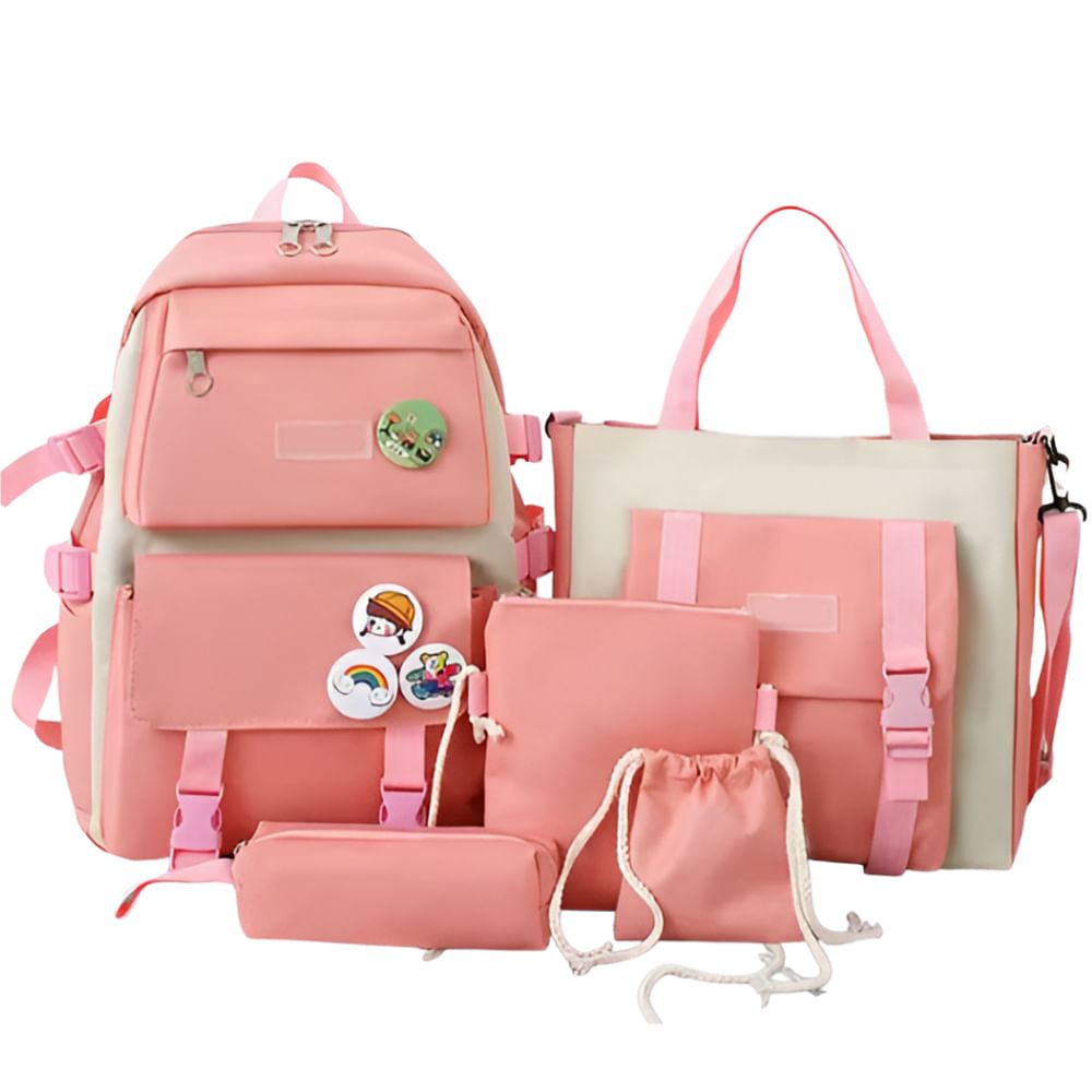 Maleta 5 Piezas Mochila Bolso Mano Cartuchera Bolso Hombro Rosado