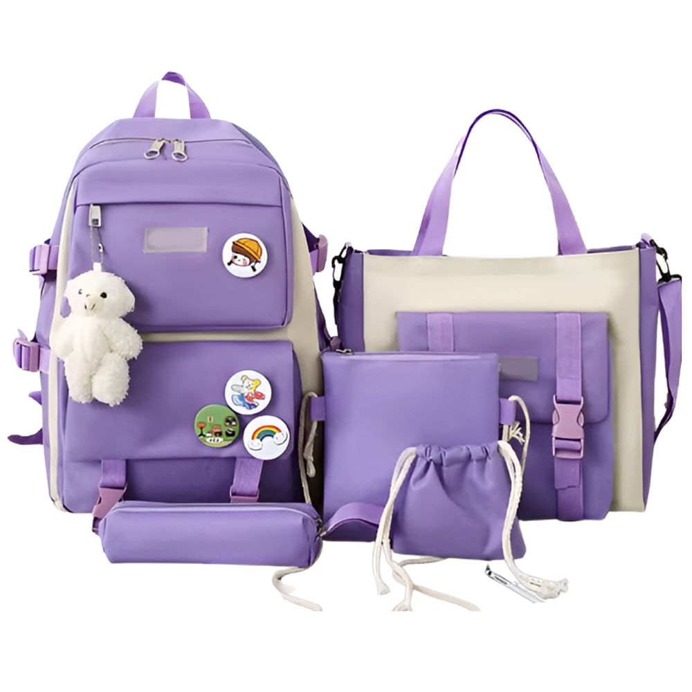 Maleta 5 Piezas Mochila Bolso Mano Cartuchera Bolso Hombro Morada