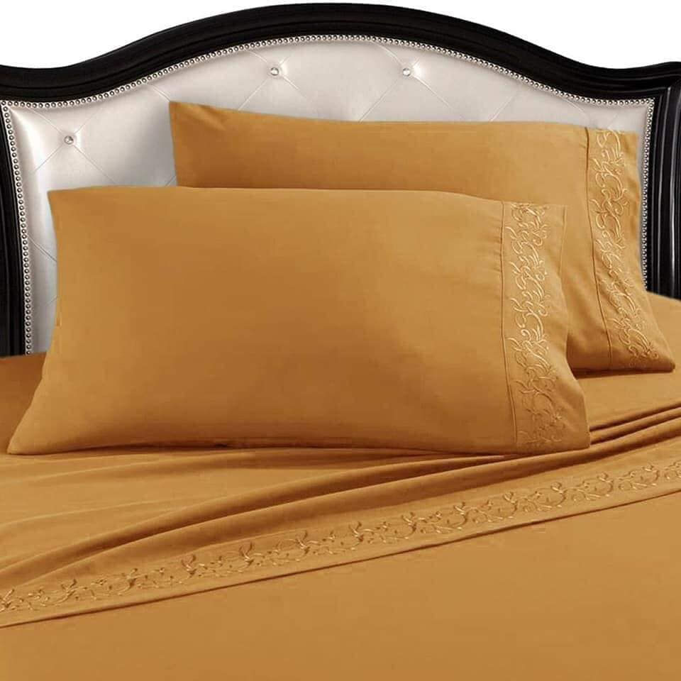 Juego Sabanas Cama Fundas Microfibra Hilos Bordada 4 Piezas Oro