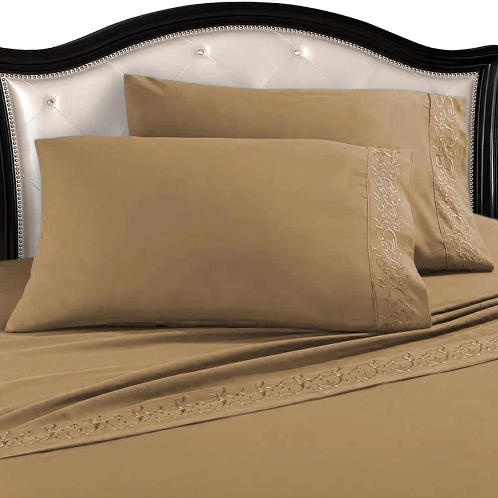 Juego Sabanas Cama Fundas Microfibra Hilos Bordada 4 Piezas Arena