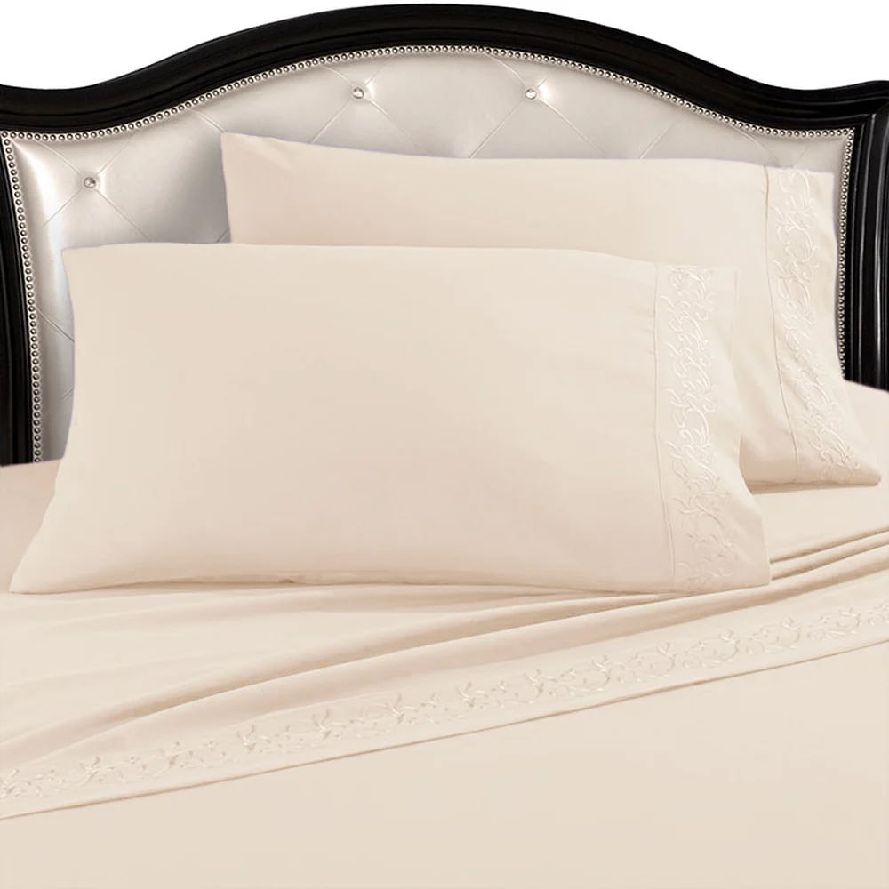 Juego Sabanas Cama Fundas Microfibra Hilos Bordada 4 Piezas Marfil