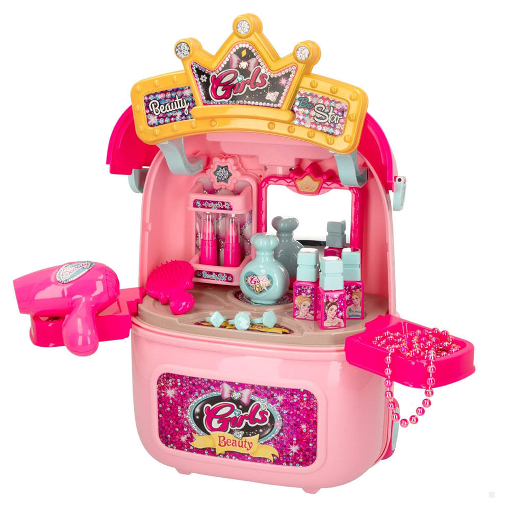 Maleta Juguete Mueble Tocador Infantil Ruedas Maquillaje Belleza Rosado