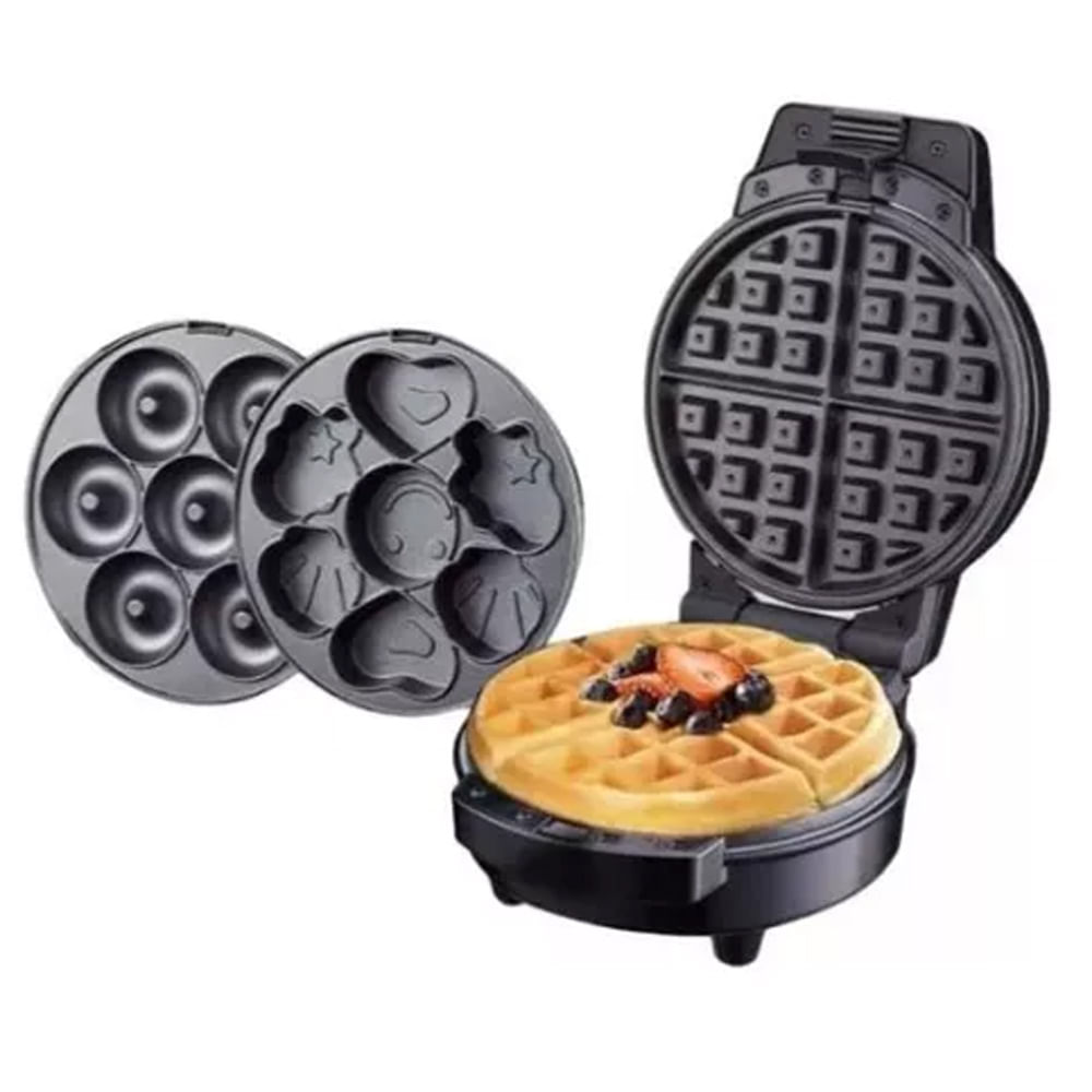 Mini Waflera Maquina Cocina 3en1 Donas Wafles Figuritas Alimentos Negra