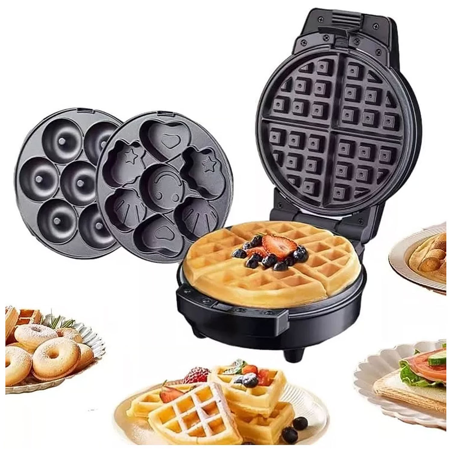 Wafflera 3 en 1 600w Wafles Donas Cupcakes Gofres Cocina LED