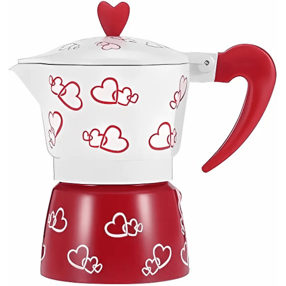 Cafetera Italiana 6 Tazas Blanca Estampado Corazones Mango Rojo