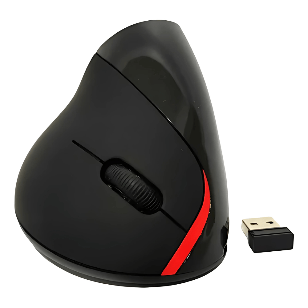 Mouse Ergonomico Vertical Inalambrico Color Negro Detalles Rojo Receptor USB