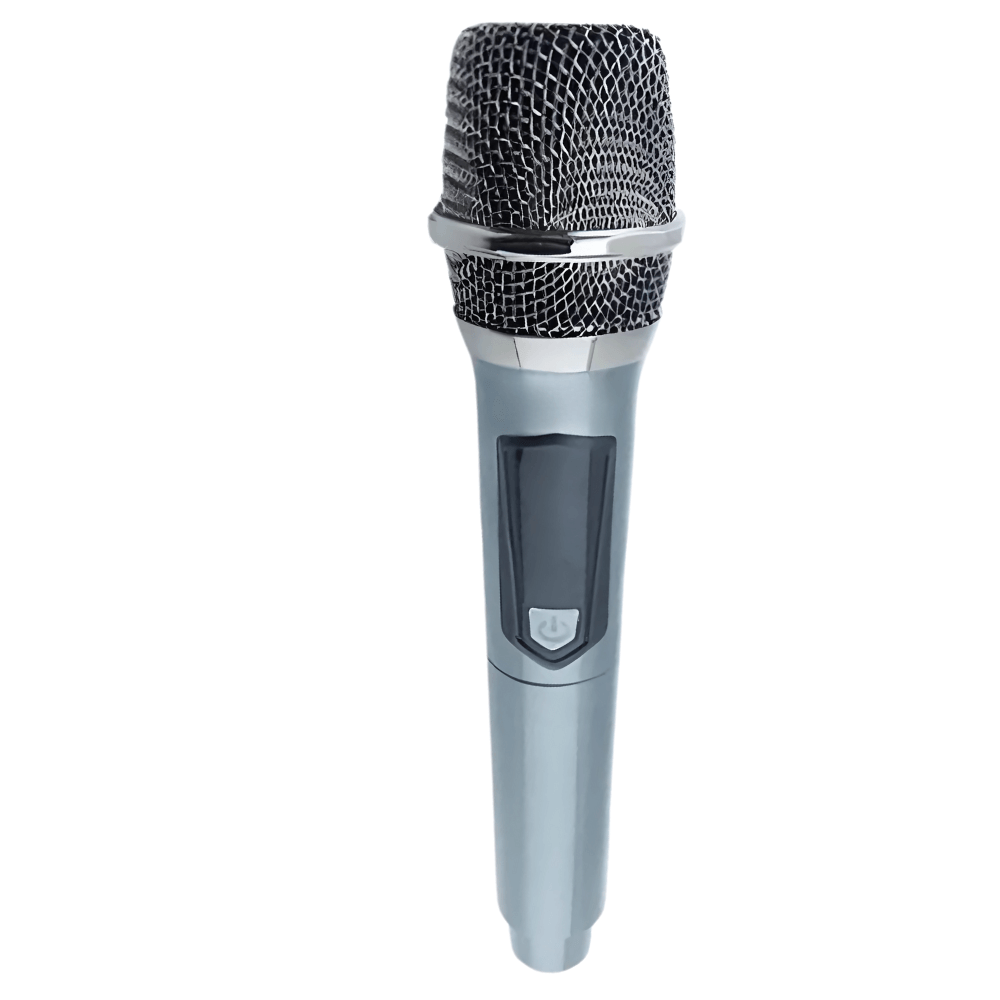 Microfono Inalambrico Mano Color Gris Metalico Rejilla Malla Boton Encendido Frontal